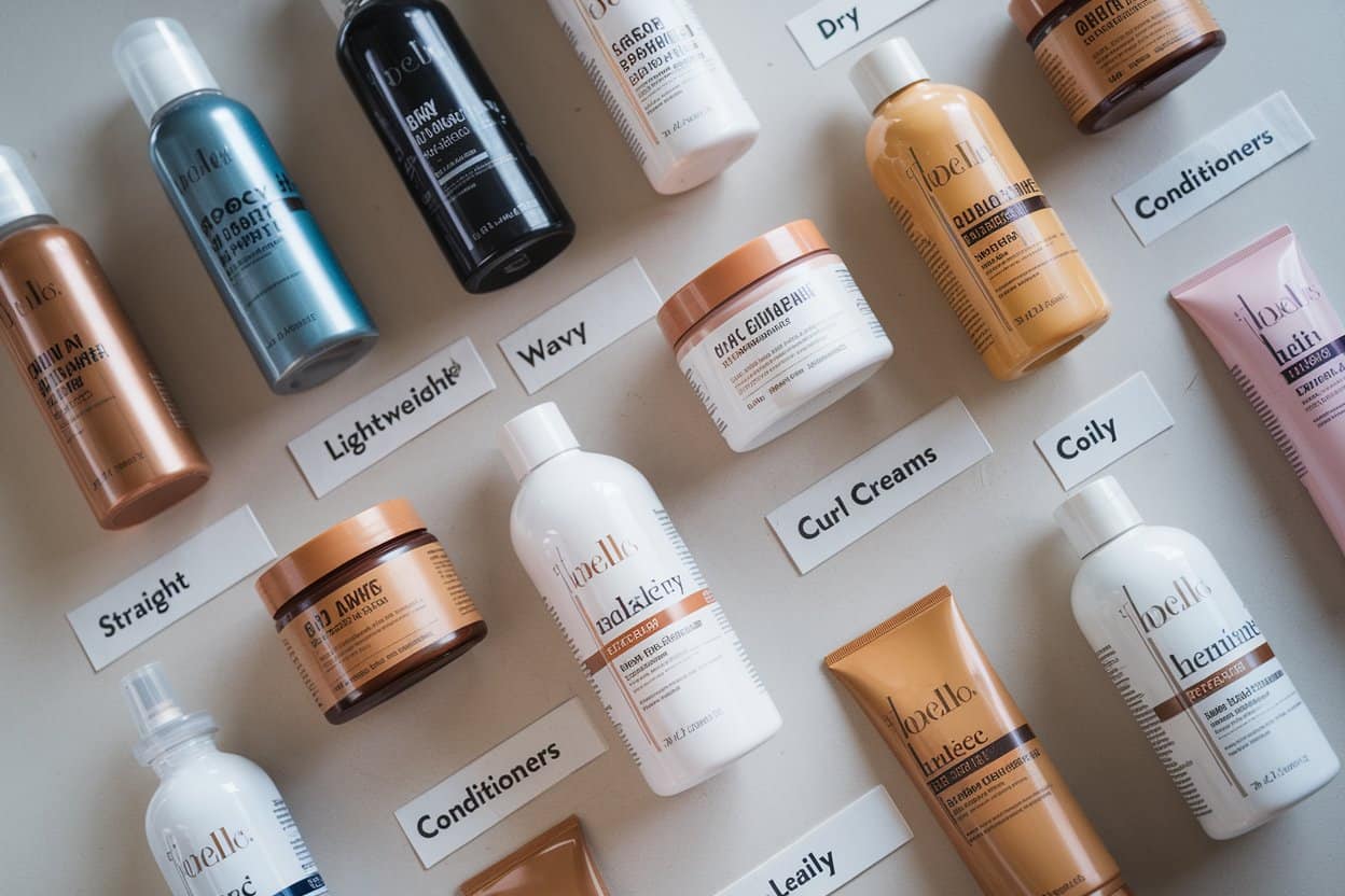 A variety of hair care products arranged on a flat surface, labeled with categories such as "Straight," "Wavy," "Coily," "Lightweight," and "Curl Creams." Bottles and jars of different sizes and colors are placed near these labels, representing different treatments for various hair types.