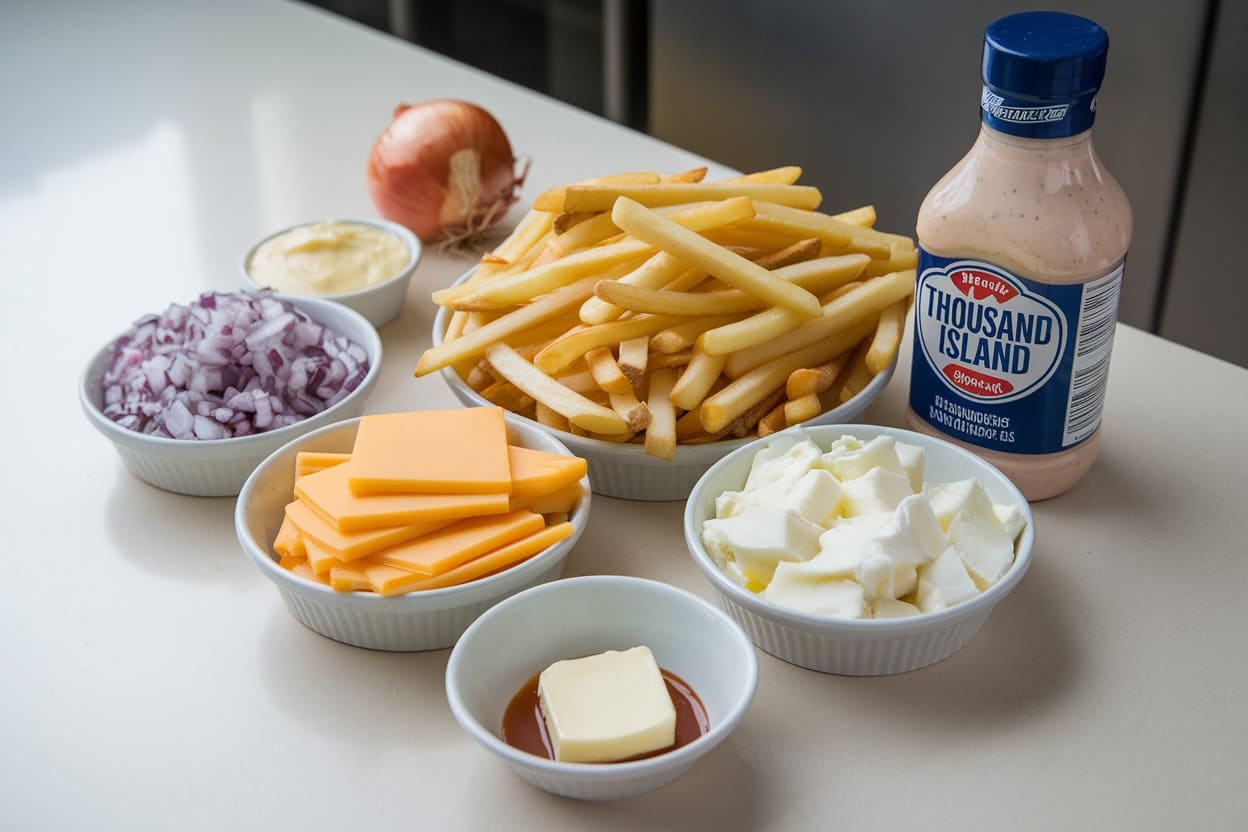 A variety of ingredients displayed on a kitchen counter, including a bowl of french fries, Thousand Island dressing, diced onions, sliced cheddar cheese, cubed butter, sour cream, and a whole onion.