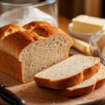 Sandwich Bread Recipe A freshly baked loaf of homemade sandwich bread on a wooden cutting board, with a few slices cut. The bread has a golden-brown crust and soft, fluffy interior. Surrounding the bread are ingredients like butter and flour, creating a cozy kitchen setting.