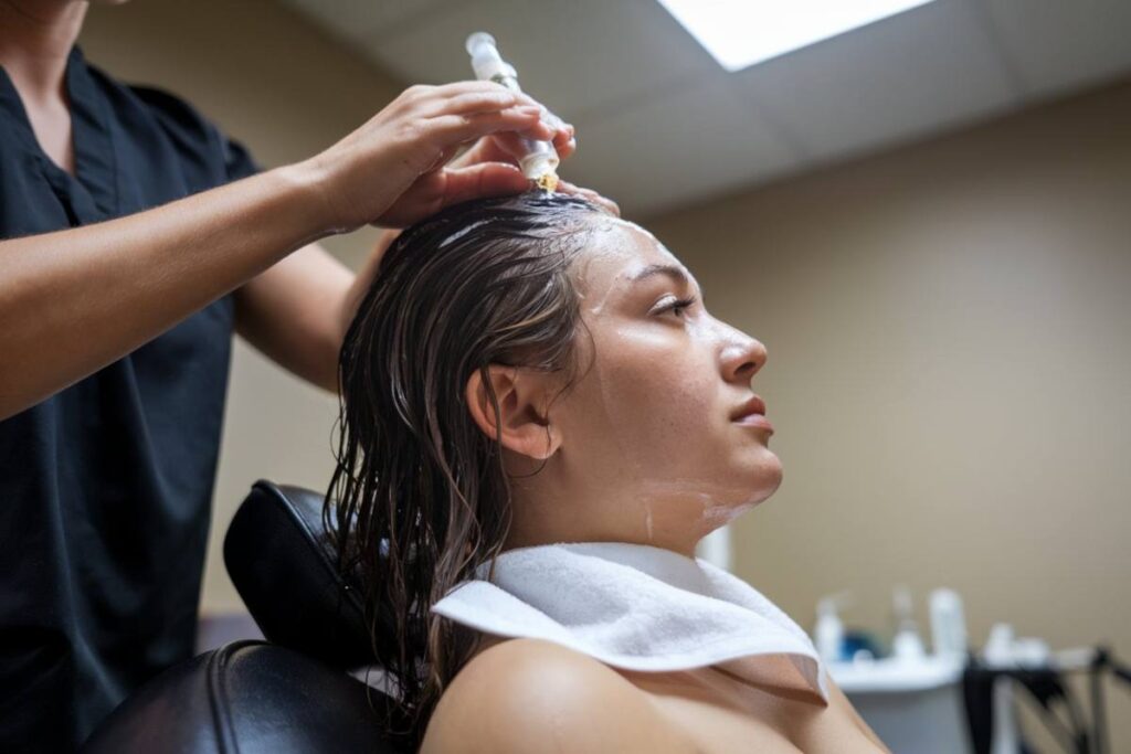 A Young Woman Receiving A Professional Scalp Detox Treatment At A Hair Clinic, With A Therapist Applying Serum Or Detoxifying Solution Directly Onto Her Wet Scalp Using An Applicator, With A White Towel Around Her Shoulders.