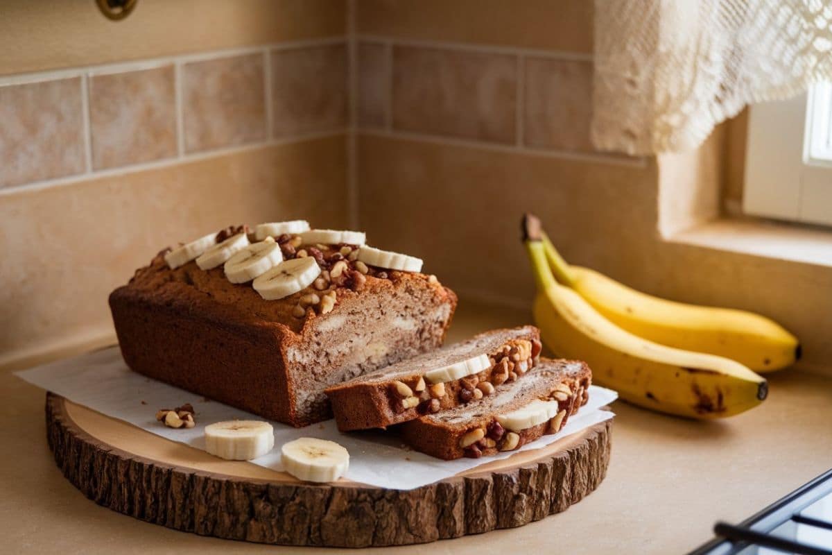 A loaf of sourdough discard banana bread topped with banana slices and walnuts, partially sliced, placed on a wooden cutting board with ripe bananas in the background.