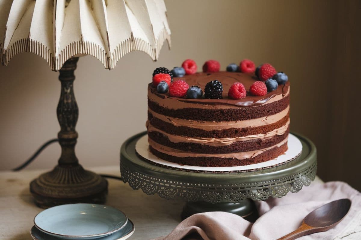 A decadent layered chocolate cake sits on an ornate green cake stand. The cake is frosted with smooth chocolate buttercream between layers of rich chocolate sponge and is topped with fresh berries, including raspberries, blackberries, and blueberries. Next to the cake is a rustic table lamp and a small stack of ceramic plates.