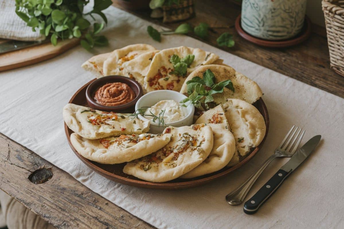 A plate of sourdough flatbreads served with two dipping sauces, one red and one white. The flatbreads are garnished with fresh herbs and seasoning, with a rustic table setting in the background.