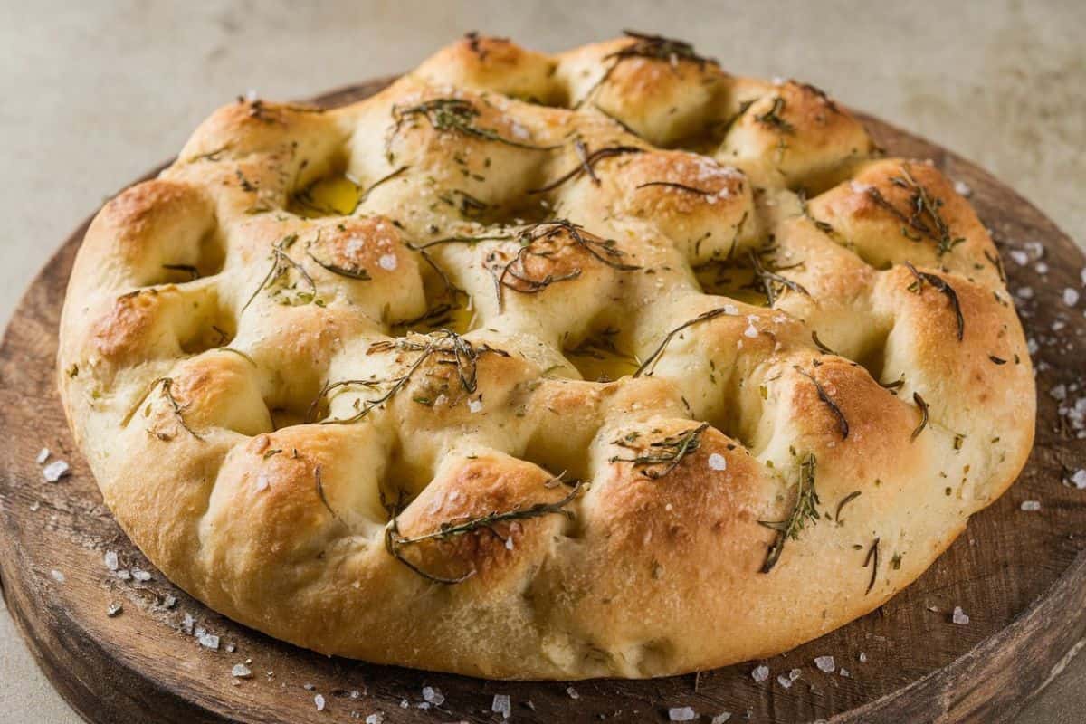 A freshly baked focaccia bread is shown on a wooden board, golden and crisp on the outside with a dimpled surface. The bread is garnished with sprigs of rosemary, sea salt, and a drizzle of olive oil, creating a rustic and flavorful appearance.