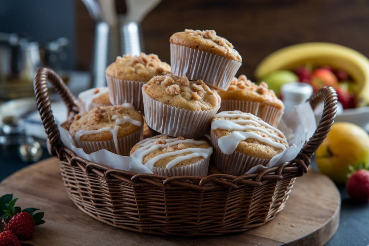 A wicker basket filled with freshly baked muffins, some topped with a streusel crumble and others drizzled with white icing. The basket sits on a wooden board, with a background featuring fresh fruits such as bananas, apples, and strawberries.