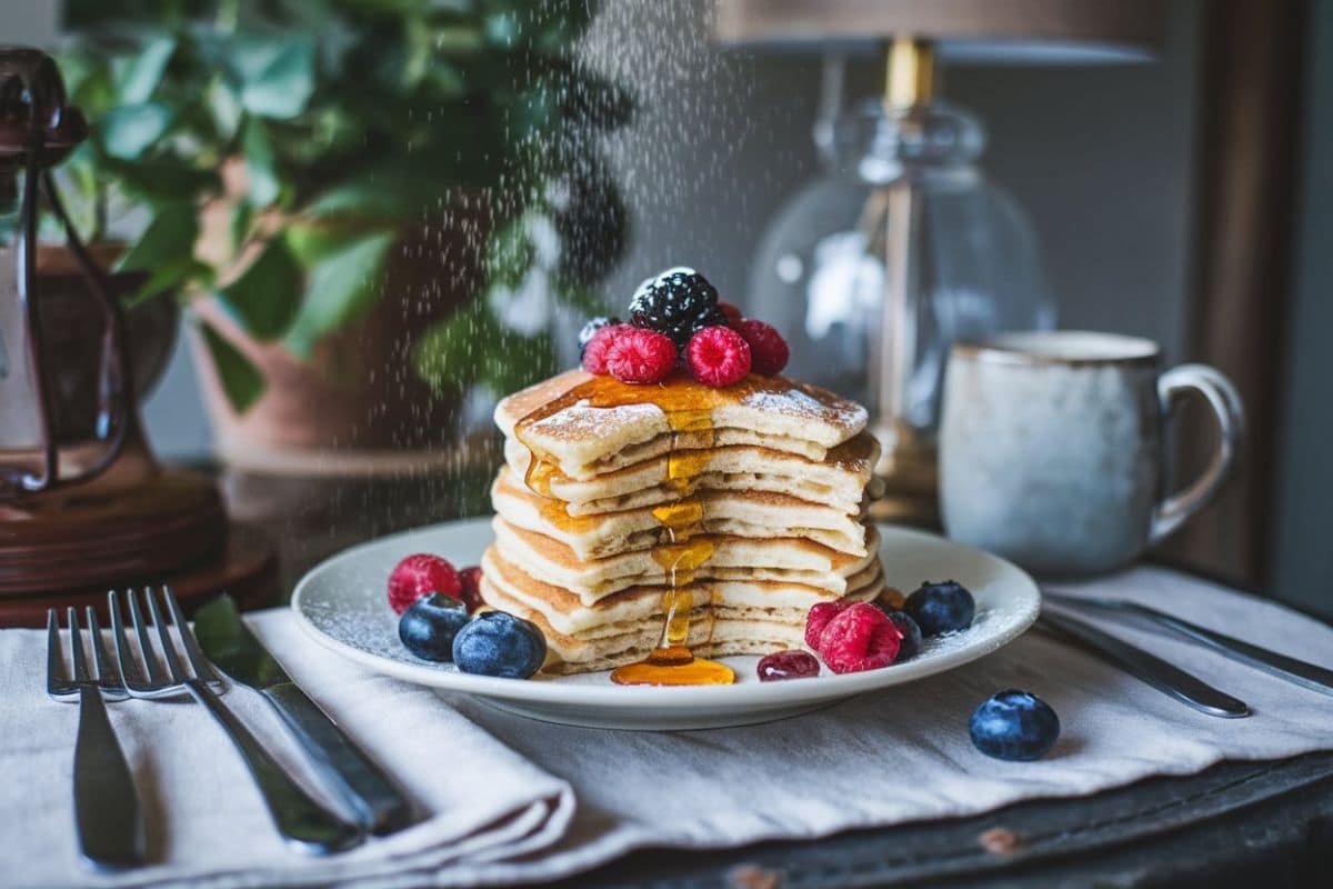 A stack of fluffy pancakes topped with fresh raspberries, blackberries, and blueberries, drizzled with maple syrup. A dusting of powdered sugar is being sprinkled over the pancakes, enhancing their appeal.