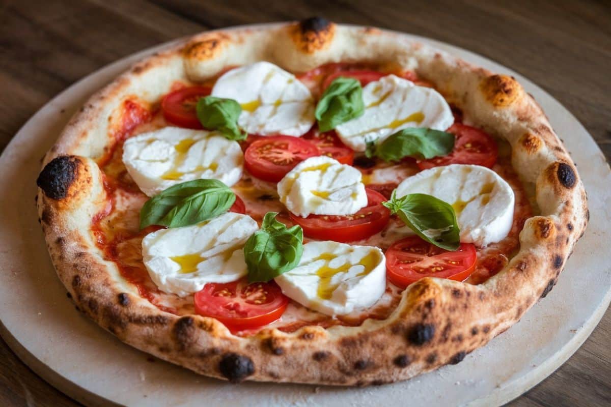 A freshly baked pizza with a golden, crispy crust, topped with sliced tomatoes, fresh mozzarella, and basil leaves. Drizzles of olive oil can be seen over the mozzarella, adding a glistening finish.