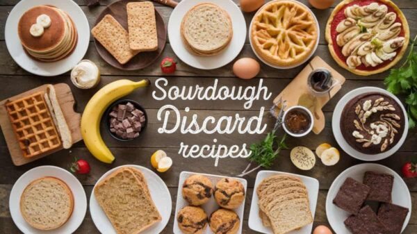 Sourdough Discard Recipes A variety of baked goods arranged on a wooden surface, featuring items like pancakes, waffles, muffins, bread, crackers, and cakes, along with ingredients like bananas, eggs, chocolate, and herbs. The text "Sourdough Discard Recipes" is prominently displayed in the center of the image.