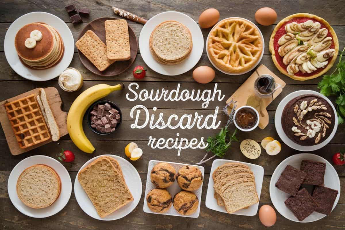 Sourdough Discard Recipes A variety of baked goods arranged on a wooden surface, featuring items like pancakes, waffles, muffins, bread, crackers, and cakes, along with ingredients like bananas, eggs, chocolate, and herbs. The text "Sourdough Discard Recipes" is prominently displayed in the center of the image.