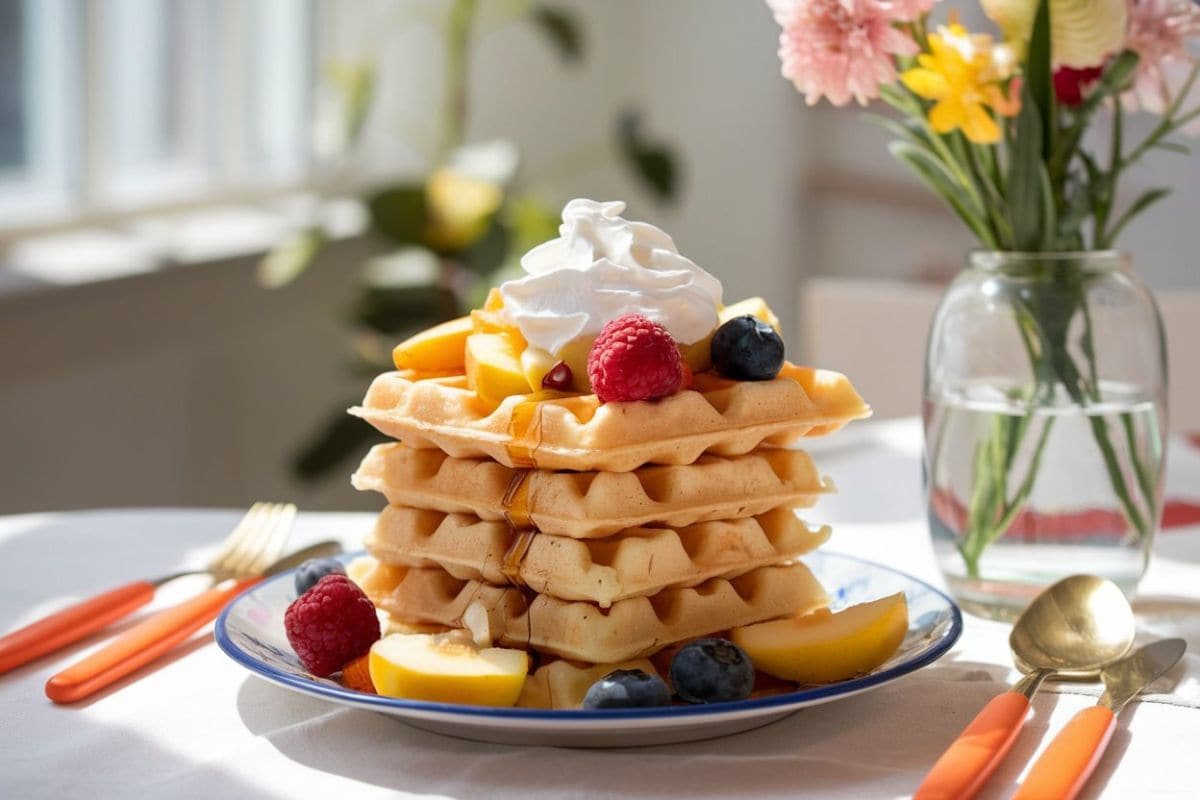 A tall stack of golden waffles is topped with whipped cream, fresh berries, and sliced peaches. The waffles are drizzled with syrup and sit on a white plate with a blue rim. In the background, there is a vase of colorful flowers on a table next to orange-handled cutlery.
