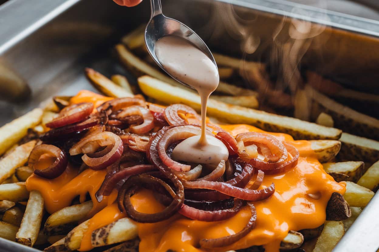 A close-up of a loaded fries dish being prepared. A spoon drizzles Thousand Island dressing over melted cheddar cheese, caramelized onions, and crispy fries.