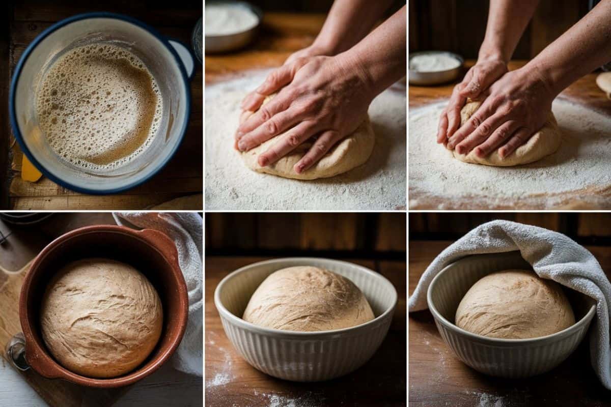 A step-by-step collage of making sandwich bread, showing the stages of yeast activation, kneading, and proofing dough in a bowl.