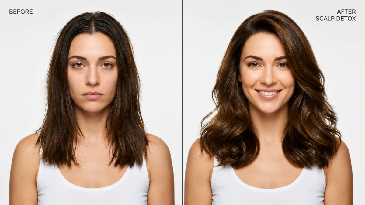 A Before And After Comparison Showing A Woman With Flat, Dull, And Limp Dark Brown Hair On The Left Labeled &Quot;Before,&Quot; And The Same Woman With Voluminous, Shiny, Bouncy Wavy Hair And A Confident Smile On The Right Labeled &Quot;After Scalp Detox,&Quot; Against A White Studio Background.