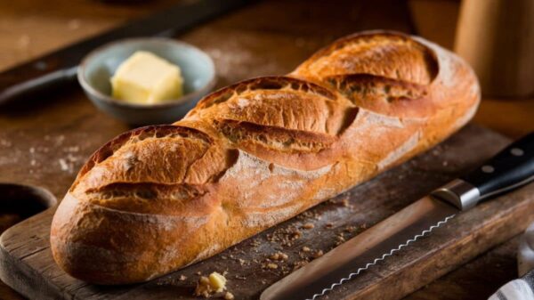 French Bread Recipe A freshly baked loaf of French bread sits on a wooden cutting board, with a butter knife placed beside it and a small bowl of butter in the background. The bread has a golden crust with three diagonal slashes along its top.