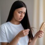 Woman looking concerned at hair strands on a brush, indicating hair loss or breakage – Total Hair Care.