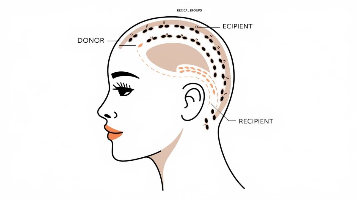 Diagram illustrating a female hair transplant procedure with labeled donor and recipient areas on a woman's profile.