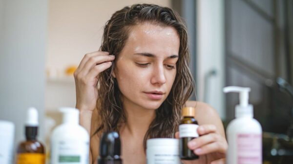 Woman examining a bottle of hair oil for dry scalp, surrounded by various skincare and haircare products on a bathroom counter.