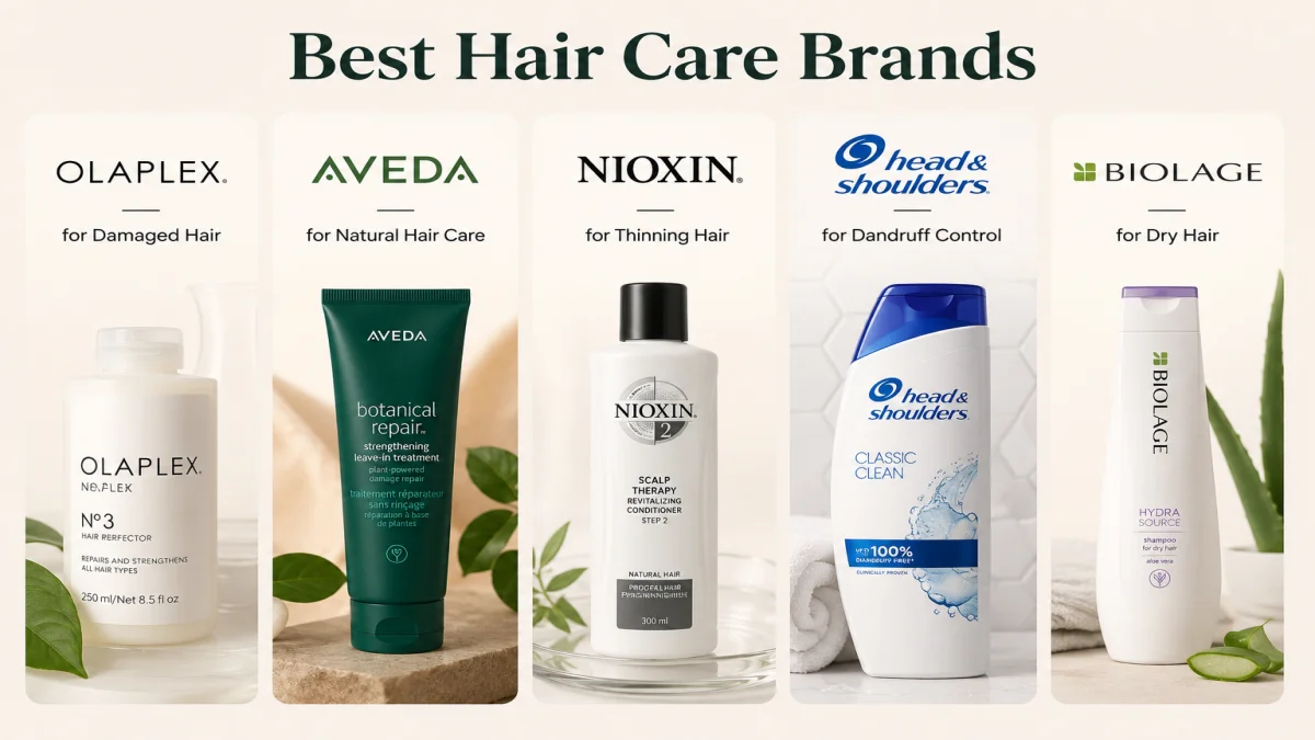 A Branded Hair Care Comparison Infographic Featuring Five Top Hair Care Brands — Olaplex No.3 For Damaged Hair, Aveda Botanical Repair For Natural Hair Care, Nioxin Scalp Therapy For Thinning Hair, Head &Amp; Shoulders Classic Clean For Dandruff Control, And Biolage Hydra Source For Dry Hair — Displayed On A Cream Background.