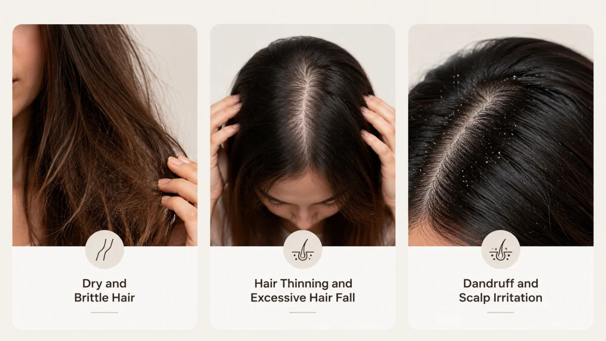 A Three-Panel Hair Care Infographic Showing Common Hair Problems — Dry And Brittle Hair, Hair Thinning And Excessive Hair Fall, And Dandruff And Scalp Irritation — Each Illustrated With A Close-Up Photo And An Icon On A Cream Background.