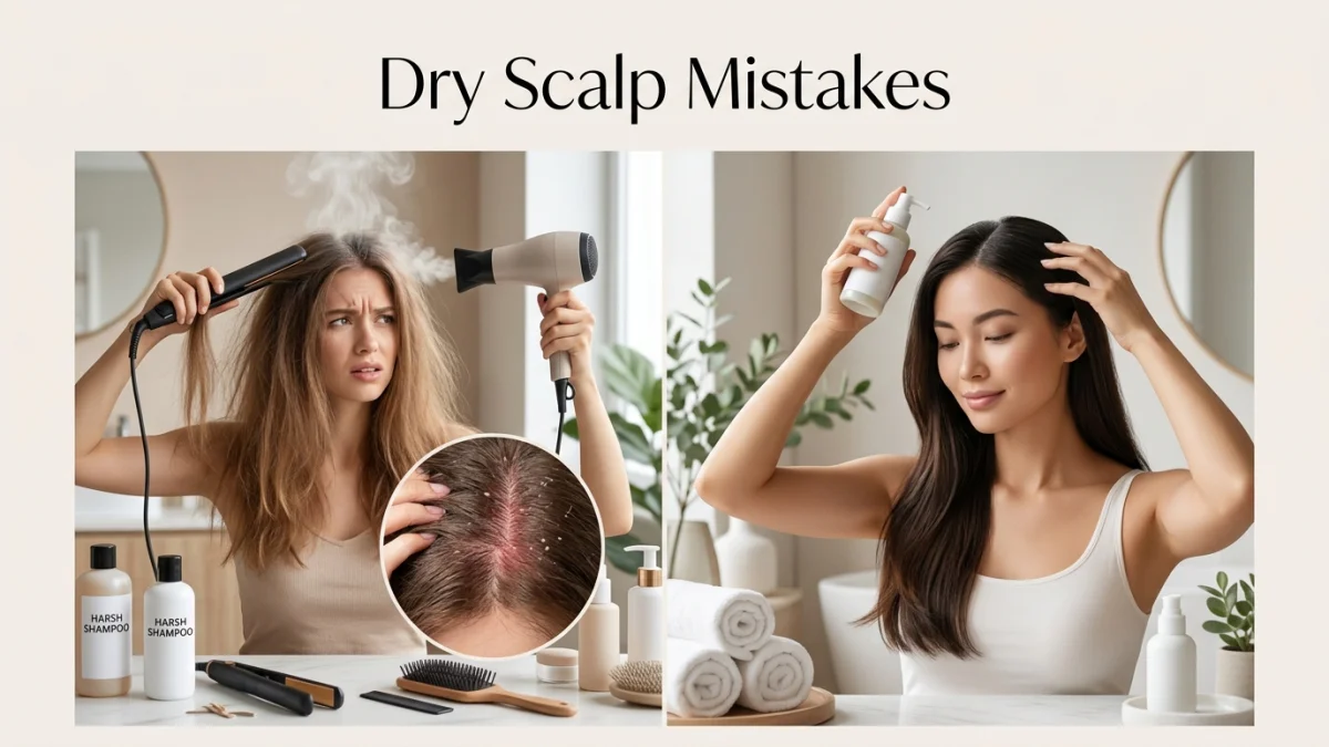 The Ultimate Solution for Dry Scalp: 9 Dermatologist-Approved At-Home Remedies 5 A Split Comparison Image Titled &Quot;Dry Scalp Mistakes&Quot; Showing On The Left A Frustrated Woman Using A Hot Flat Iron And Blow Dryer With Harsh Shampoo Bottles And A Close-Up Circle Inset Of A Flaky Dry Scalp, Contrasted On The Right With A Calm Woman Applying A Gentle Scalp Treatment Spray With Clean, Nourishing Hair Care Products — Illustrating The Wrong Habits Versus The Correct Solution For Dry Scalp.