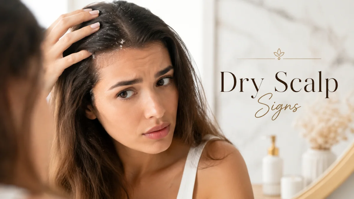 The Ultimate Solution for Dry Scalp: 9 Dermatologist-Approved At-Home Remedies 2 A Concerned Woman With Long Dark Hair Examining Visible White Flakes And Scalp Buildup At Her Hairline In A Bathroom Mirror, With The Text &Quot;Dry Scalp Signs&Quot; Overlaid — Recognizing These Early Warning Signs Is The First Step Toward Finding The Right Solution For Dry Scalp.