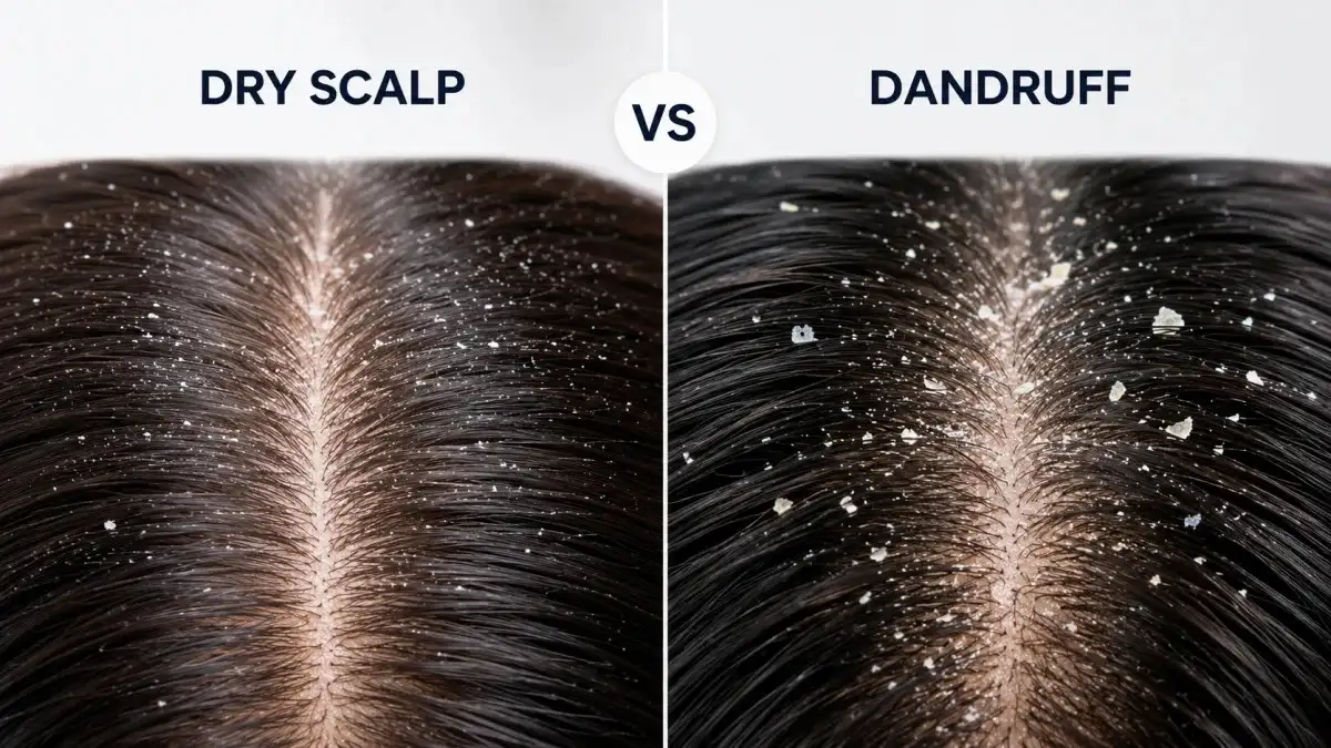 A Close-Up Side-By-Side Comparison Of Dry Scalp Versus Dandruff On Dark Brown Hair, Showing Small Fine White Flakes On The Left For Dry Scalp And Larger, Oilier Flakes On The Right For Dandruff, Helping Identify Which Scalp Condition You Have.