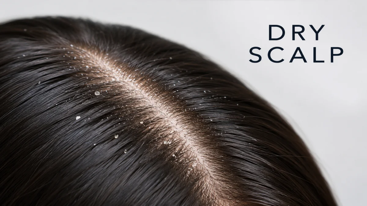 Overhead Close-Up View Of A Dry Scalp With Small White Flakes Scattered Along The Hair Parting And Across Dark Brown Hair, With The Text &Quot;Dry Scalp&Quot; Displayed On A Light Grey Background.