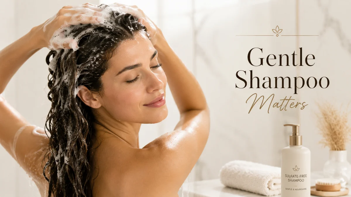 The Ultimate Solution for Dry Scalp: 9 Dermatologist-Approved At-Home Remedies 3 A Smiling Woman With Eyes Closed Washing Her Dark Wavy Hair With A Rich Lather In A Marble Shower, Alongside A Sulfate-Free Gentle And Nourishing Shampoo Bottle — Representing One Of The Most Recommended Solutions For Dry Scalp — With The Text &Quot;Gentle Shampoo Matters&Quot; Overlaid On A Warm Neutral Background.