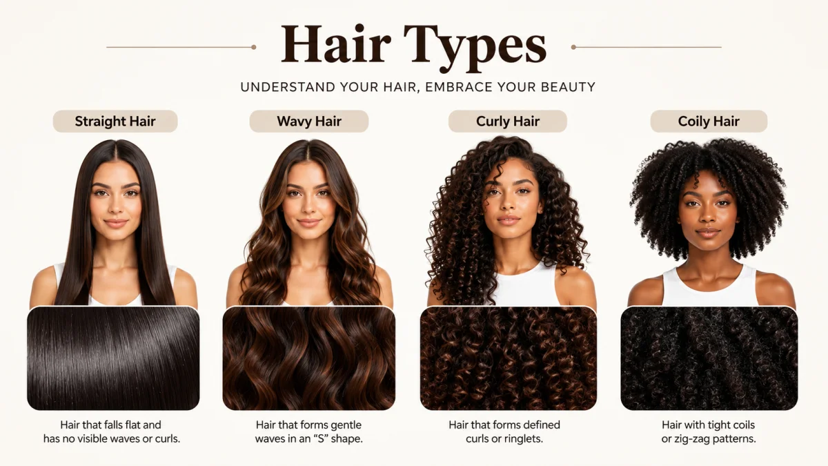 An Illustrated Hair Care Guide Showing Four Hair Types Side By Side — Straight, Wavy, Curly, And Coily — Each With A Portrait Of A Woman And A Close-Up Texture Swatch, With Descriptions Below Each Type On A Cream Background.