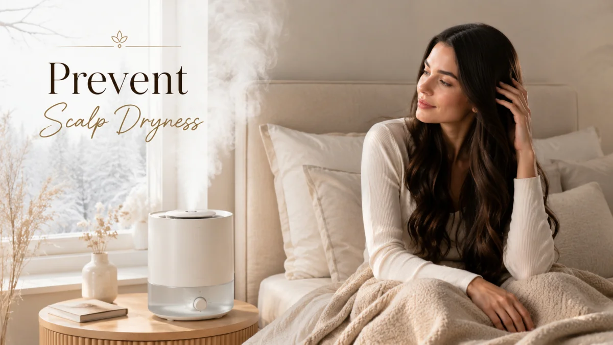 The Ultimate Solution for Dry Scalp: 9 Dermatologist-Approved At-Home Remedies 4 A Relaxed Woman With Long Dark Wavy Hair Sitting On A Cozy Bed In A Winter Bedroom, Looking Contentedly At A White Humidifier Releasing Warm Mist On A Wooden Bedside Table With A Snowy Window View — Illustrating How Adding Moisture To Indoor Air Is A Natural And Effective Solution For Dry Scalp During Cold Months, With The Text &Quot;Prevent Scalp Dryness&Quot; Overlaid On The Left.