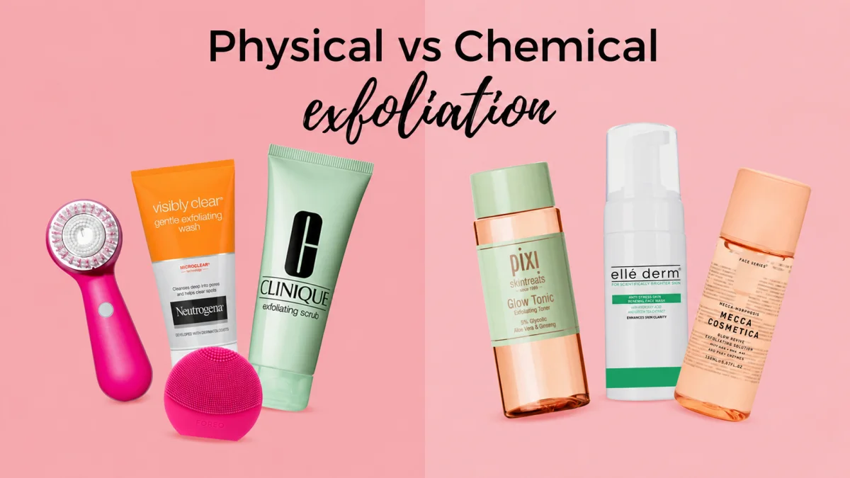  Flat Lay Comparison Of Physical And Chemical Exfoliation Products For A Body Care Routine, Including A Clarisonic Brush, Foreo Luna, Neutrogena Exfoliating Wash, Clinique Scrub, Pixi Glow Tonic, Ellé Derm Face Wash, And Mecca Cosmetica Exfoliating Solution On A Pink Background.