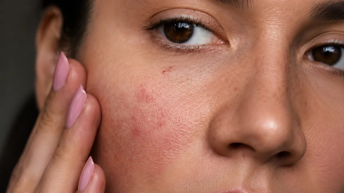 Close-Up Of A Woman Gently Touching Her Cheek Showing Redness, Acne, And Sensitive Skin Concerns That Can Be Addressed With A Targeted Body Care Routine.