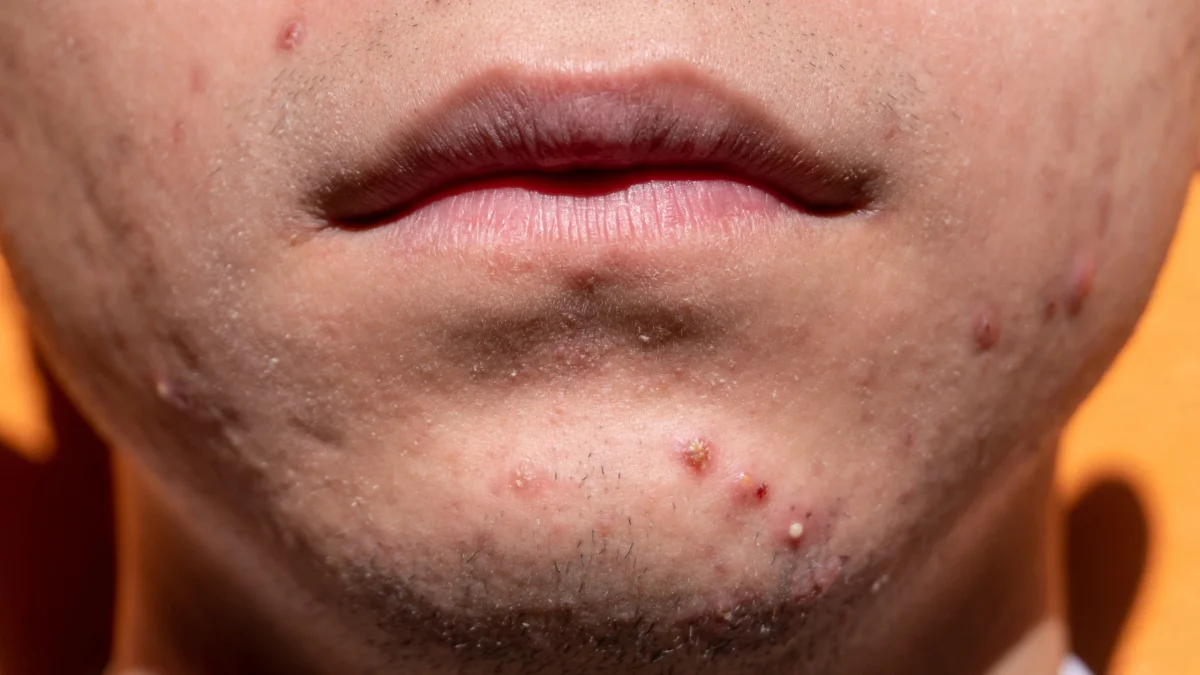 A Close-Up Of A Person'S Lower Face Showing Visible Acne Around The Mouth And Chin Area, With Multiple Inflamed Pimples, Pustules, And Small Breakouts Concentrated Below The Lips And Along The Jaw — A Clinical Example Of Perioral Acne Around The Mouth Caused By Hormonal, Digestive, Or Lifestyle Triggers.