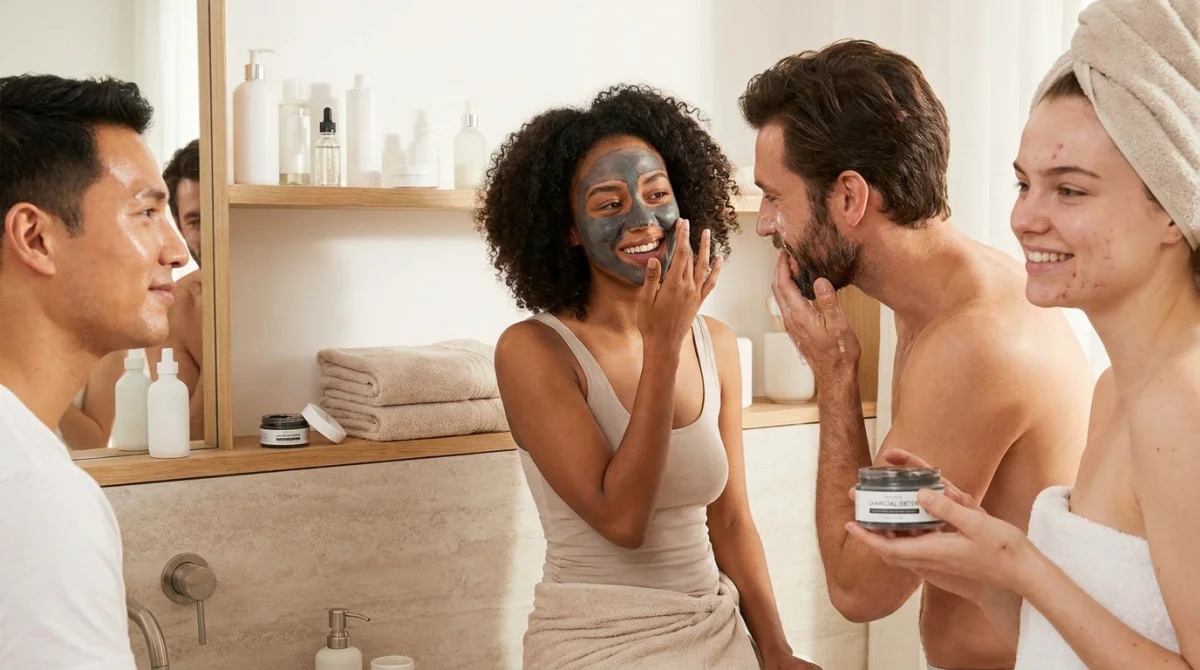 A Close-Up Of A Person Smiling While Applying A Black Charcoal Face Mask To Their Cheeks And Forehead As Part Of A Clarifying Skincare Routine.