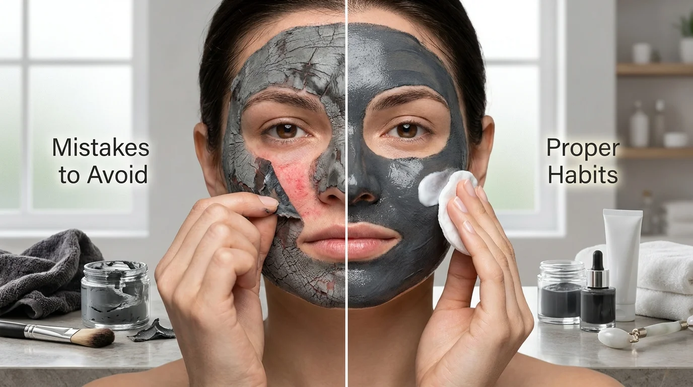 A Split Comparison Infographic Showing The Painful Peeling Of A Dried Clay Layer Versus Gentle Cotton-Pad Wiping Of A Smooth Charcoal Face Mask.