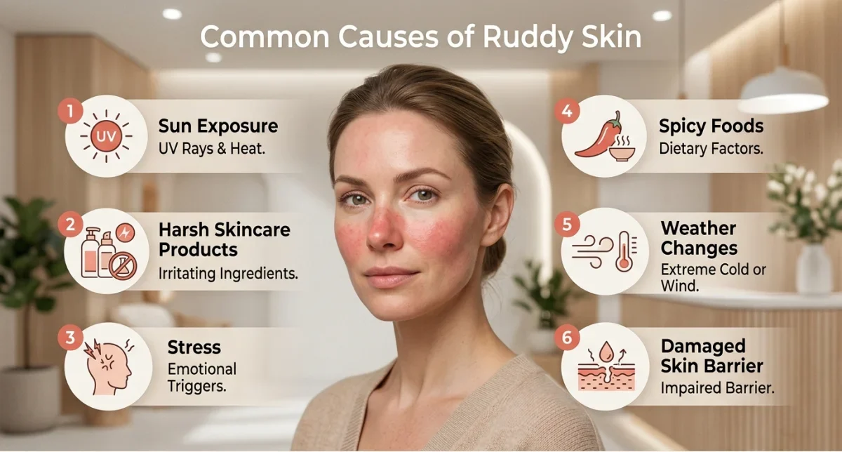 A Premium Skincare Magazine Infographic Illustrating Six Common Causes Of Ruddy Skin Around A Close-Up Portrait Of A Woman With Visible Facial Redness — Including Sun Exposure, Harsh Skincare Products, Stress, Spicy Foods, Weather Changes, And A Damaged Skin Barrier.📝 160-Character Seo Description Discover The 6 Most Common Causes Of Ruddy Skin — From Uv Rays And Stress To Harsh Products And A Damaged Skin Barrier — And How To Treat Each One Effectively.💡 Quick Tips Applied:Focus Keyword &Quot;Ruddy Skin&Quot; Is Naturally Placed In The File Name, Alt Text, Title, And Description
Description Is Exactly Within The 160-Character Meta Description Limit Ideal For Google Search Snippets
Alt Text Identifies All Six Causes Shown While Remaining Concise And Accessibility-Compliant