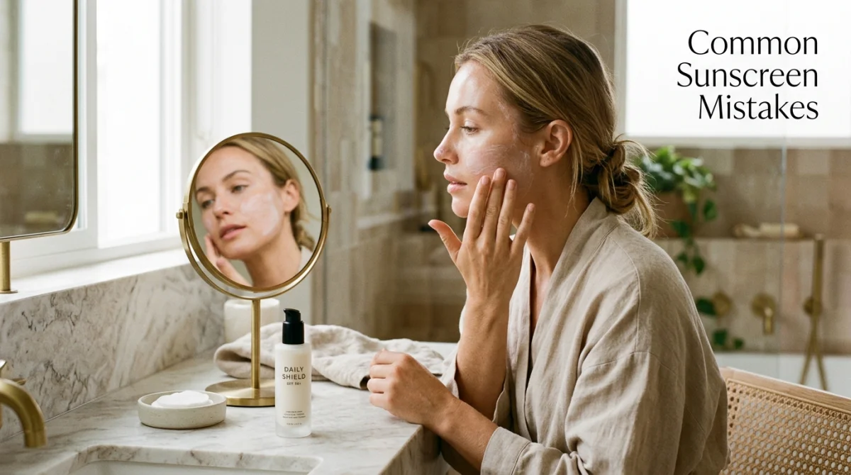 Sunscreen or Moisturizer First? The Correct Order for Glowing, Protected Skin 4 A Woman In A Linen Robe Applying Daily Shield Spf Sunscreen To Her Cheek While Examining Her Skin In A Gold-Framed Vanity Mirror In A Luxury Marble Bathroom — Illustrating Common Sunscreen Application Mistakes Including The Frequently Misunderstood Question Of Whether To Apply Sunscreen Or Moisturizer First, With The Text &Quot;Common Sunscreen Mistakes&Quot; Displayed In The Upper Right Corner.