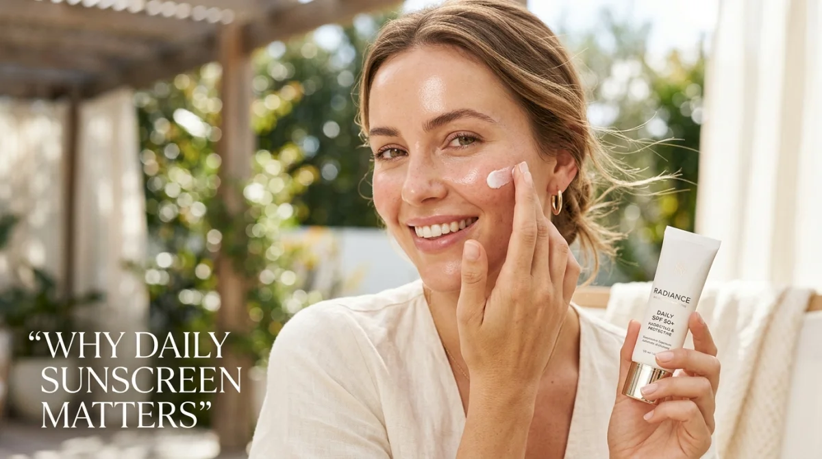  Smiling Woman Applying Radiance Daily Spf 50+ Radiant And Protective Sunscreen Cream To Her Cheek Outdoors In A Sunlit Garden Setting — A Key Daily Habit For Preventing And Managing Ruddy Skin Caused By Uv Exposure, With The Text &Quot;Why Daily Sunscreen Matters&Quot; Overlaid On The Left.