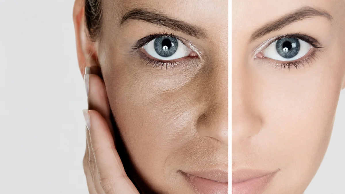 How to Revive Dull Skin: A Step-by-Step Guide to Restoring Your Natural Glow 2 A Dramatic Split Before And After Close-Up Showing The Same Woman'S Face — The Left Half Displaying Dull Skin With Uneven Tone, Dark Under-Eye Shadows, Visible Texture, And Lack Of Radiance, Contrasted Against The Right Half Revealing Bright, Smooth, Even, And Luminously Glowing Skin After Targeted Skincare Treatment.