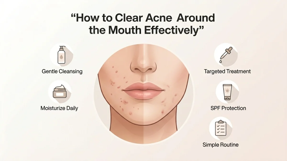 A Skincare Infographic Titled &Quot;How To Clear Acne Around The Mouth Effectively&Quot; Featuring An Illustrated Face With Visible Perioral Breakouts At The Center, Surrounded By Five Treatment Steps — Gentle Cleansing, Moisturize Daily, Targeted Treatment, Spf Protection, And Simple Routine — Each With A Matching Icon On A Soft Blush Background.