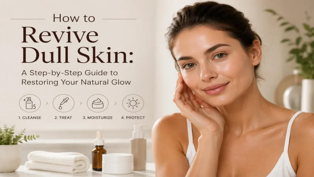 An Infographic Titled How To Revive Dull Skin Outlining A 4-Step Daily Guide: Cleanse, Treat, Moisturize, And Protect For A Glowing Complexion.