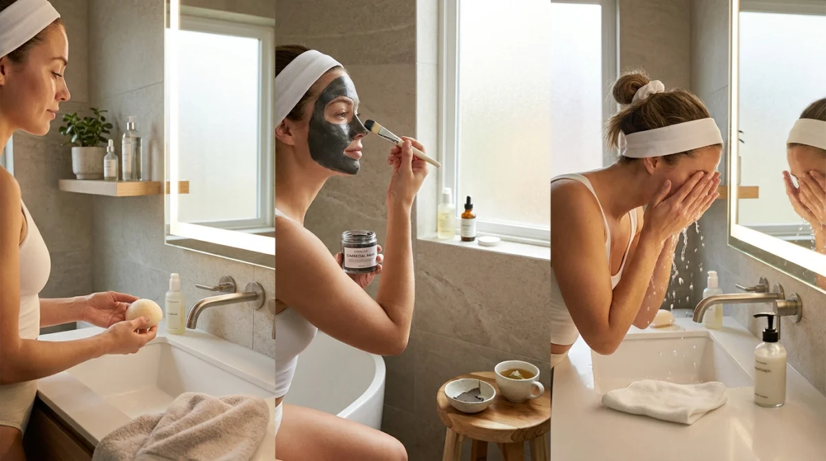 A Three-Panel Skincare Routine Showing A Woman Preparing Her Skin, Brush-Applying A Charcoal Face Mask, And Rinsing Her Face At A Modern Bathroom Sink.