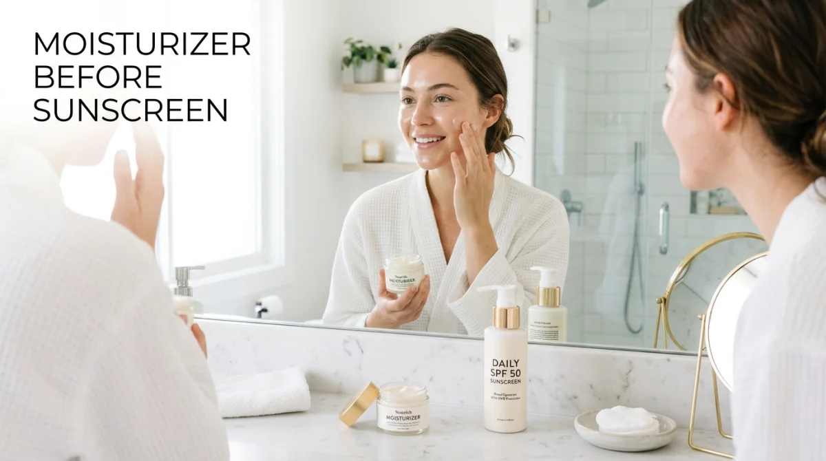 Sunscreen or Moisturizer First? The Correct Order for Glowing, Protected Skin 2 A Smiling Woman In A White Waffle Robe Applying Moisturizer To Her Face In A Marble Bathroom Mirror, With A Nourish Moisturizer Jar And Daily Spf 50 Sunscreen Bottle Displayed On The Counter — Visually Answering The Common Skincare Question Of Whether To Apply Sunscreen Or Moisturizer First, With The Text &Quot;Moisturizer Before Sunscreen&Quot; Overlaid On The Upper Left.