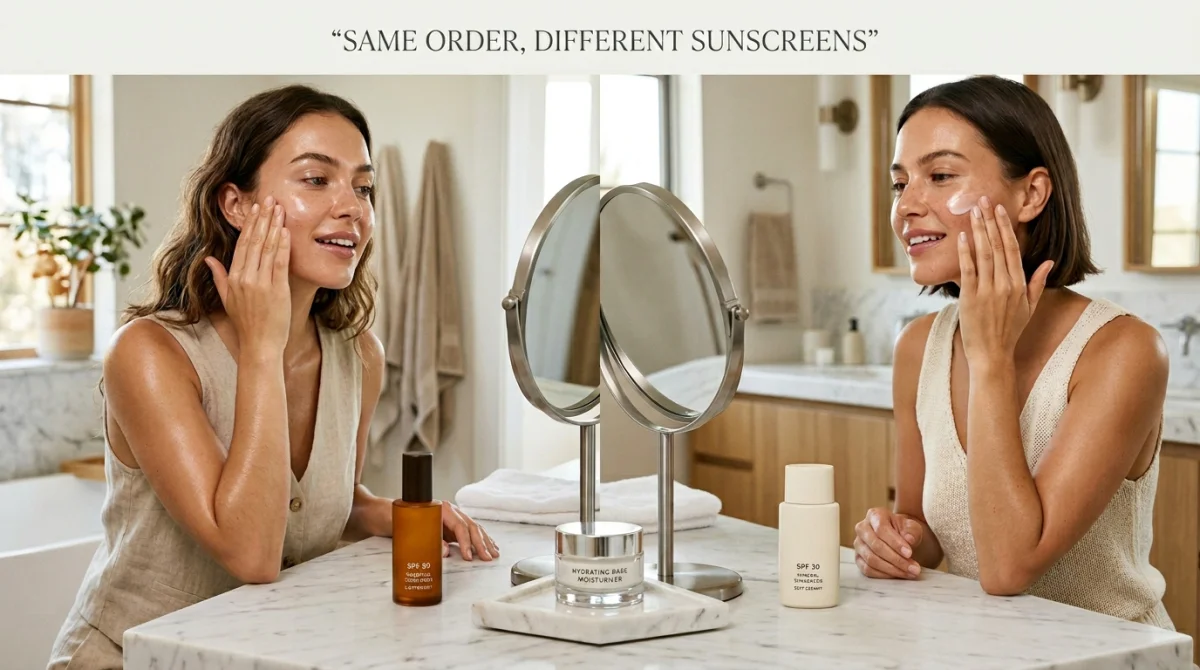 Sunscreen or Moisturizer First? The Correct Order for Glowing, Protected Skin 3 Two Women Applying Skincare Side By Side In Bright Marble Bathrooms, Each Using A Different Sunscreen Type — An Spf 50 Chemical Sunscreen On The Left And An Spf 30 Mineral Sunscreen On The Right — With A Shared Hydrating Base Moisturizer At The Center, Illustrating That Whether You Use Chemical Or Mineral Formulas The Answer To Sunscreen Or Moisturizer First Remains The Same, With The Text &Quot;Same Order, Different Sunscreens&Quot; Displayed At The Top.
