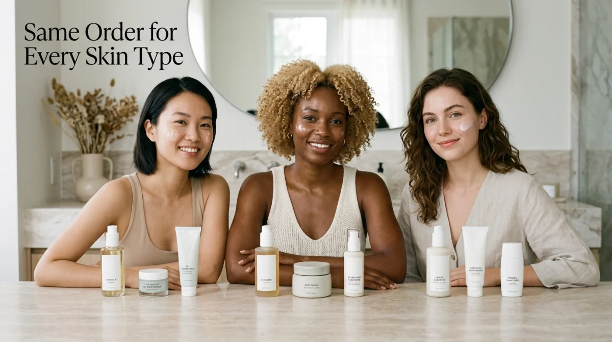 Sunscreen or Moisturizer First? The Correct Order for Glowing, Protected Skin 5 Three Smiling Women Of Diverse Skin Tones And Hair Types Posed Together In A Bright Marble Bathroom, Each With Moisturizer Visible On Their Cheeks, Behind A Shared Lineup Of Cleanser, Gel Moisturizer, Rich Cream, Nourishing Sunscreen, And Mineral Moisturizer Skincare Products — Reinforcing That The Correct Answer To Sunscreen Or Moisturizer First Applies Universally To Every Skin Type, With The Text &Quot;Same Order For Every Skin Type&Quot; Overlaid On The Upper Left.