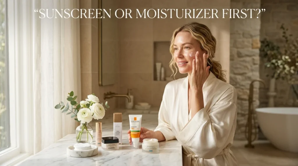 A Glowing Woman In A Silk Robe Applying Skincare To Her Cheek In A Luxury Stone Bathroom, Seated At A Marble Vanity With White Ranunculus Flowers And A Curated Collection Of Premium Skincare Products Including La Roche-Posay Anthelios Spf 50 Sunscreen, A Chanel Moisturizer, And A Wardrobes Face Cream — Directly Addressing The Common Skincare Question Of Sunscreen Or Moisturizer First, With The Quoted Text &Amp;Quot;Sunscreen Or Moisturizer First?&Amp;Quot; Displayed Prominently At The Top.