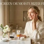 Sunscreen or Moisturizer First? The Correct Order for Glowing, Protected Skin 10 A Glowing Woman In A Silk Robe Applying Skincare To Her Cheek In A Luxury Stone Bathroom, Seated At A Marble Vanity With White Ranunculus Flowers And A Curated Collection Of Premium Skincare Products Including La Roche-Posay Anthelios Spf 50 Sunscreen, A Chanel Moisturizer, And A Wardrobes Face Cream — Directly Addressing The Common Skincare Question Of Sunscreen Or Moisturizer First, With The Quoted Text &Quot;Sunscreen Or Moisturizer First?&Quot; Displayed Prominently At The Top.