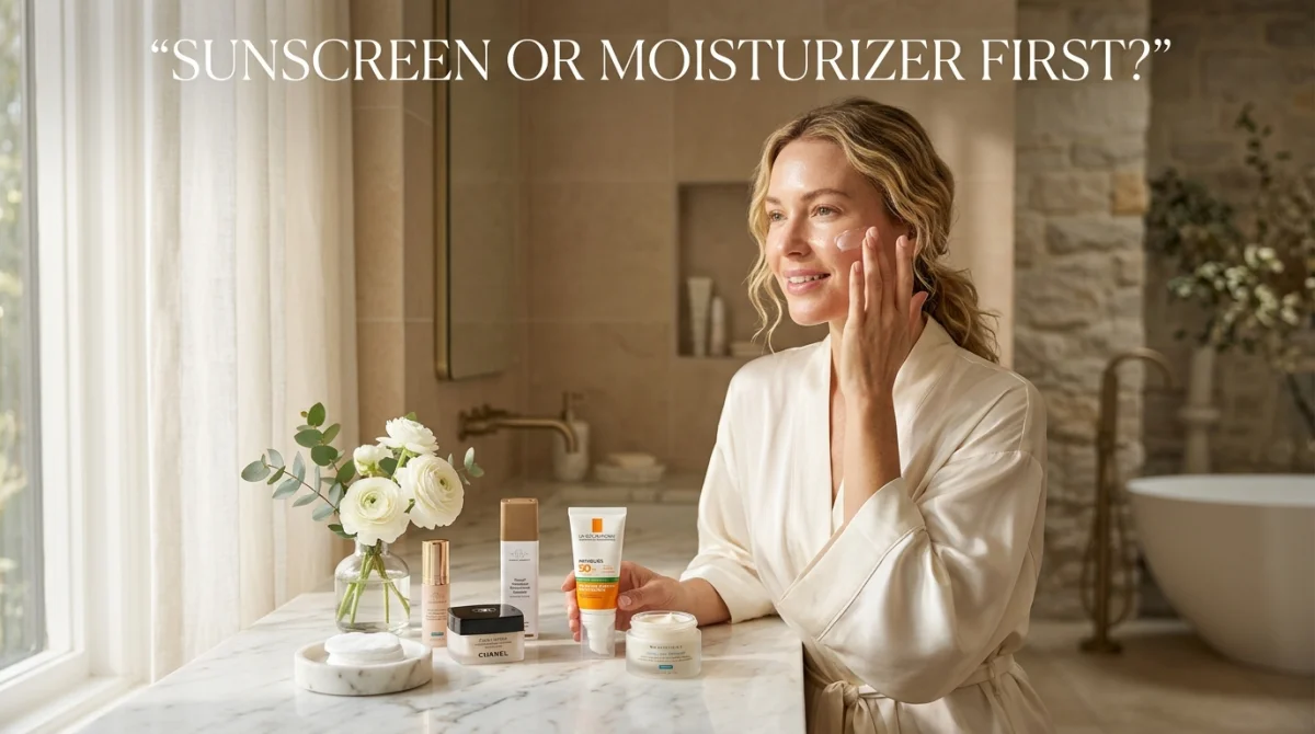 A Glowing Woman In A Silk Robe Applying Skincare To Her Cheek In A Luxury Stone Bathroom, Seated At A Marble Vanity With White Ranunculus Flowers And A Curated Collection Of Premium Skincare Products Including La Roche-Posay Anthelios Spf 50 Sunscreen, A Chanel Moisturizer, And A Wardrobes Face Cream — Directly Addressing The Common Skincare Question Of Sunscreen Or Moisturizer First, With The Quoted Text &Amp;Quot;Sunscreen Or Moisturizer First?&Amp;Quot; Displayed Prominently At The Top.