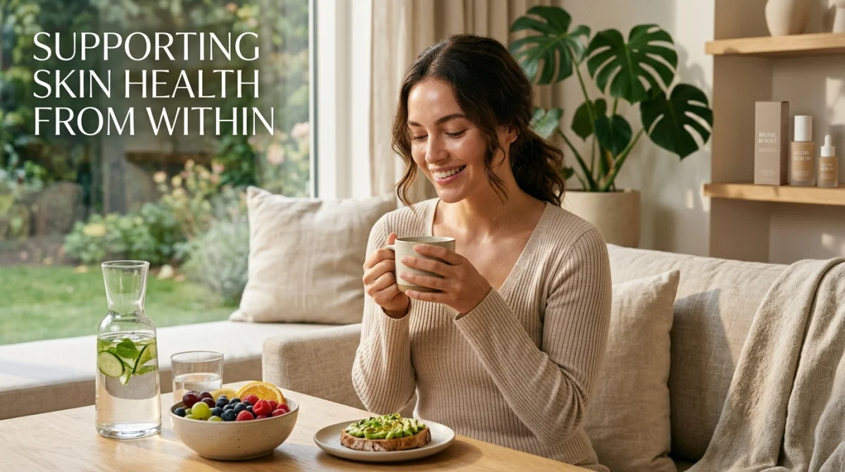 A Smiling Woman Holding A Warm Mug At A Wooden Table With Infused Water, A Fresh Fruit Bowl, And Avocado Toast In A Bright, Plant-Filled Living Room — Illustrating How A Balanced Anti-Inflammatory Diet And Proper Hydration Support Skin Health From Within And Help Reduce Ruddy Skin, With Skincare Products Visible On A Shelf In The Background And The Text &Quot;Supporting Skin Health From Within&Quot; Overlaid On The Left.