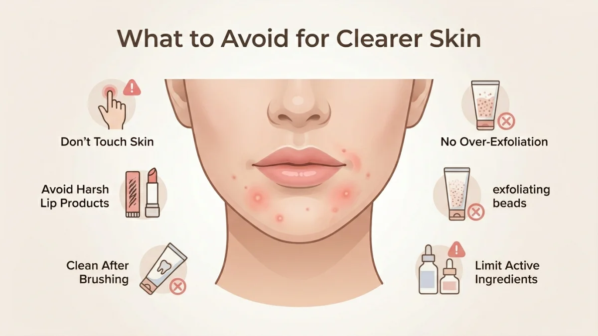 A Skincare Infographic Titled &Quot;What To Avoid For Clearer Skin&Quot; Featuring An Illustrated Face With Visible Acne Around The Mouth And Chin Area, Surrounded By Six Warning Icons And Tips — Don'T Touch Skin, Avoid Harsh Lip Products, Clean After Brushing, No Over-Exfoliation, Avoid Exfoliating Beads, And Limit Active Ingredients — Designed To Help Prevent And Reduce Acne Around The Mouth On A Soft Blush Background.